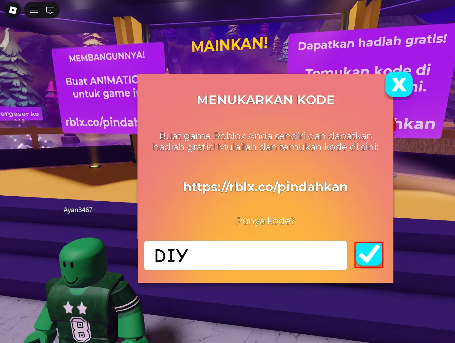 Kode DIY diketik pada kolom penukaran kode di Island of Move