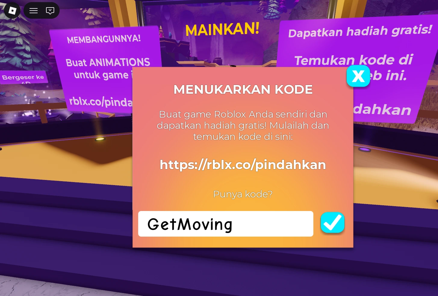 Kode GetMoving diketik pada kolom penukaran kode di Island of Move