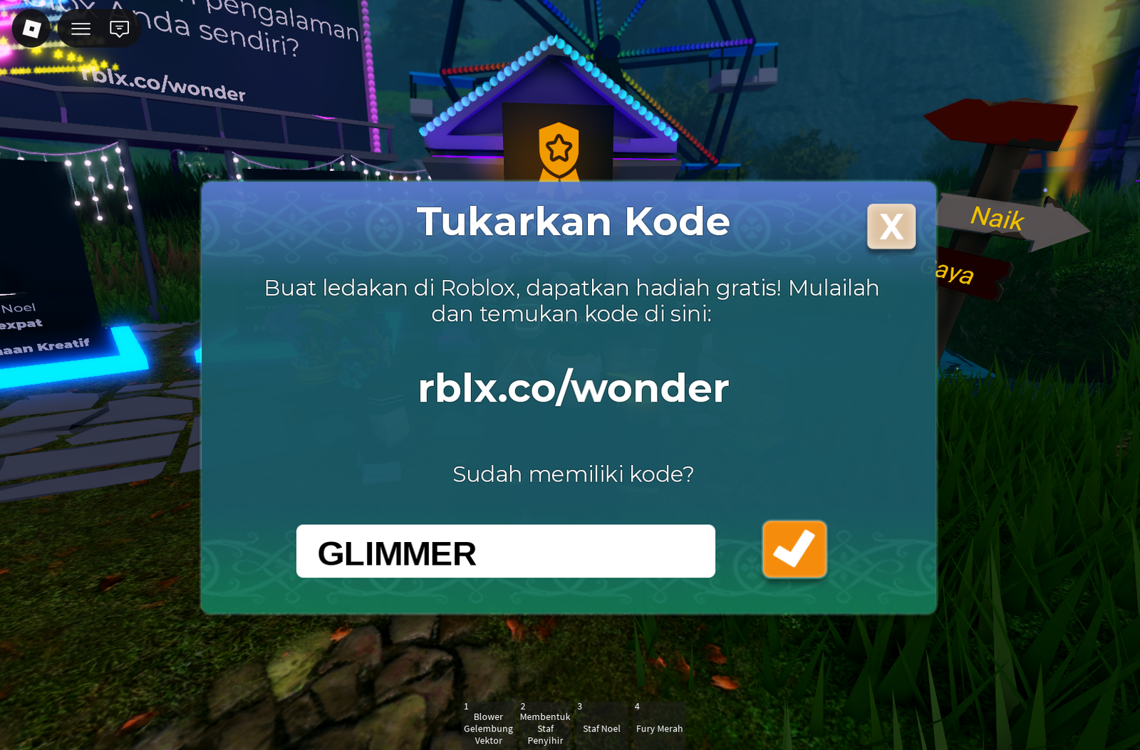 Kode Glimmer diketik pada kolom penukaran kode di Mansion of Wonder