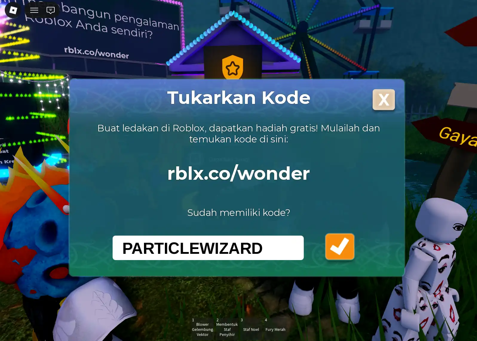 Kode PARTICLEWIZARD diketik pada kolom penukaran kode di Mansion of Wonder