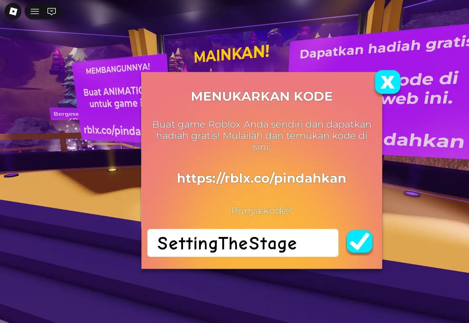 Kode SettingTheStage diketik pada kolom penukaran kode di Island of Move