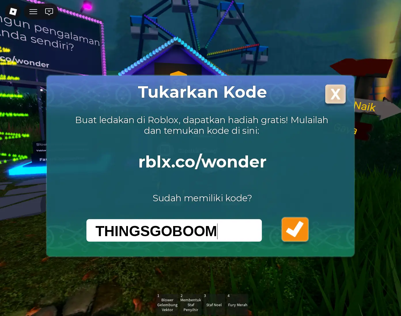 Kode THINGSGOBOOM diketik pada kolom penukaran kode di Mansion of Wonder