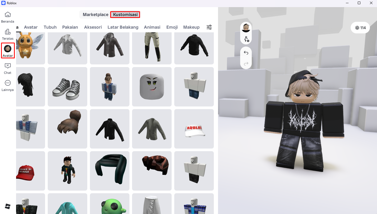 Layar Kustomisasi avatar Roblox dibuka lewat menu Avatar, menampilkan daftar item yang dimiliki dan pratinjau avatar