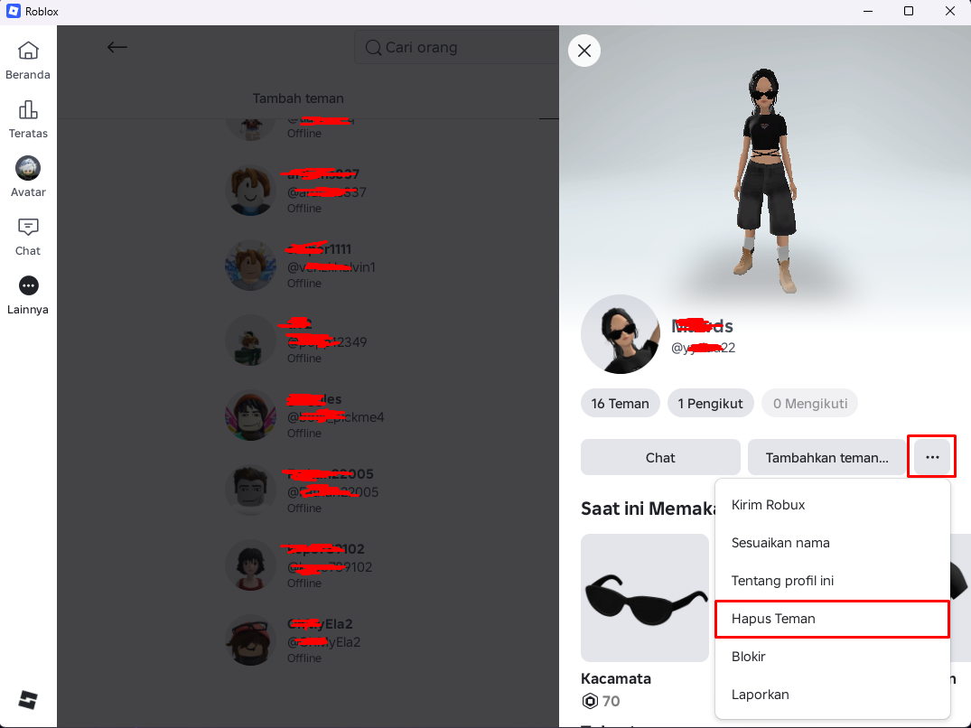 Menu tiga titik di profil teman Roblox dengan pilihan Hapus Teman ditandai