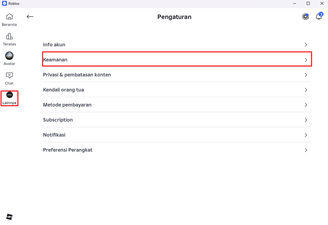 Halaman Pengaturan Roblox dengan menu Keamanan ditandai