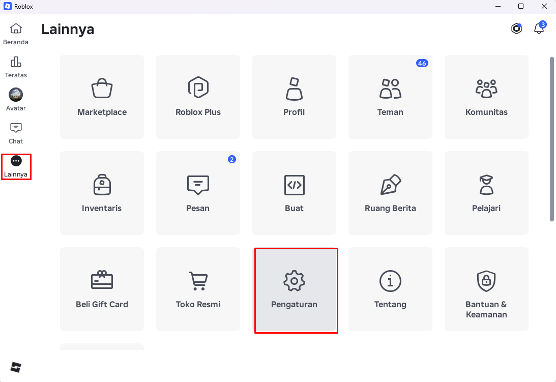 Menu Lainnya di aplikasi Roblox PC dengan pilihan Pengaturan ditandai