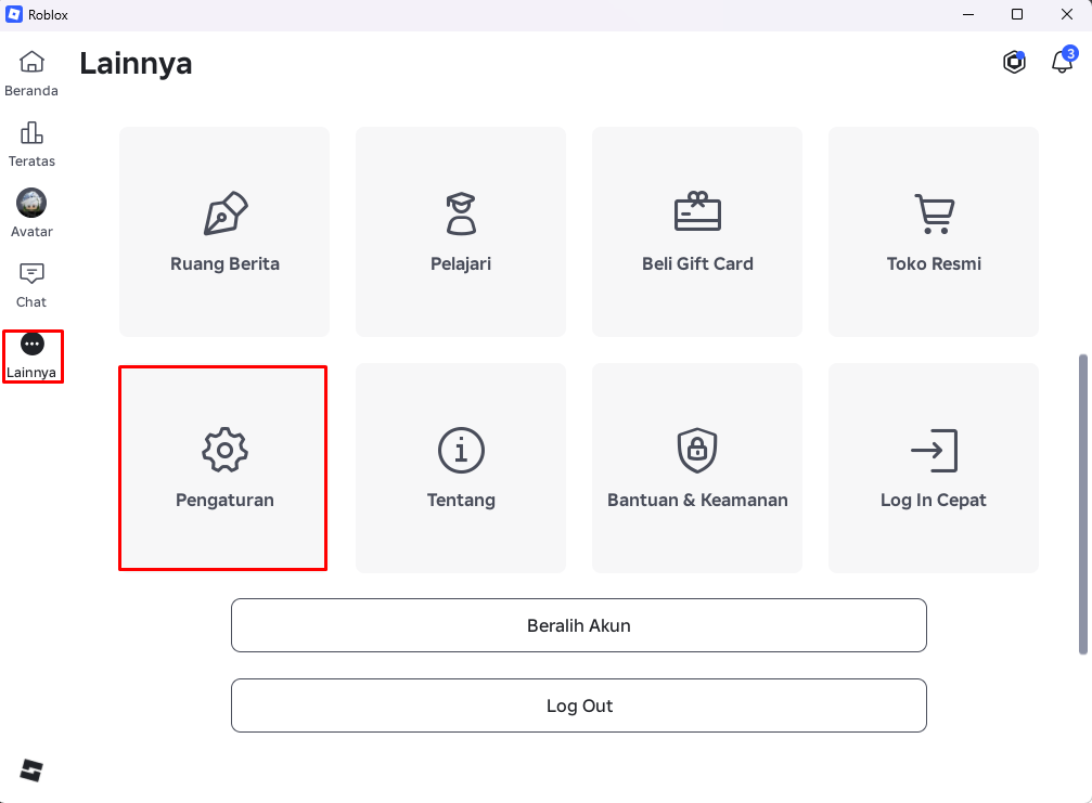 Menu Lainnya di aplikasi Roblox PC dengan pilihan Pengaturan ditandai