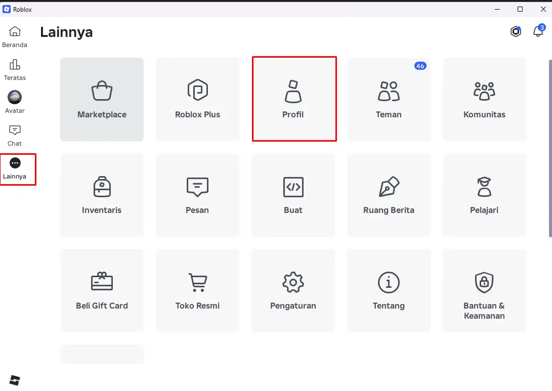 Menu Lainnya di aplikasi Roblox PC dengan pilihan Profil ditandai