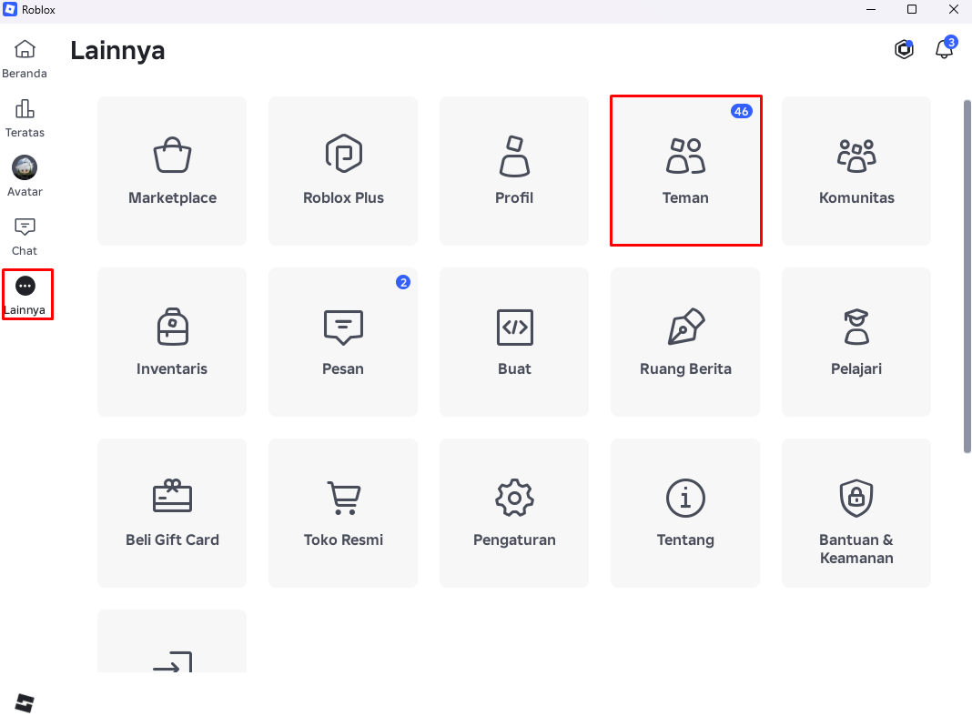 Menu Lainnya di aplikasi Roblox PC dengan pilihan Teman ditandai