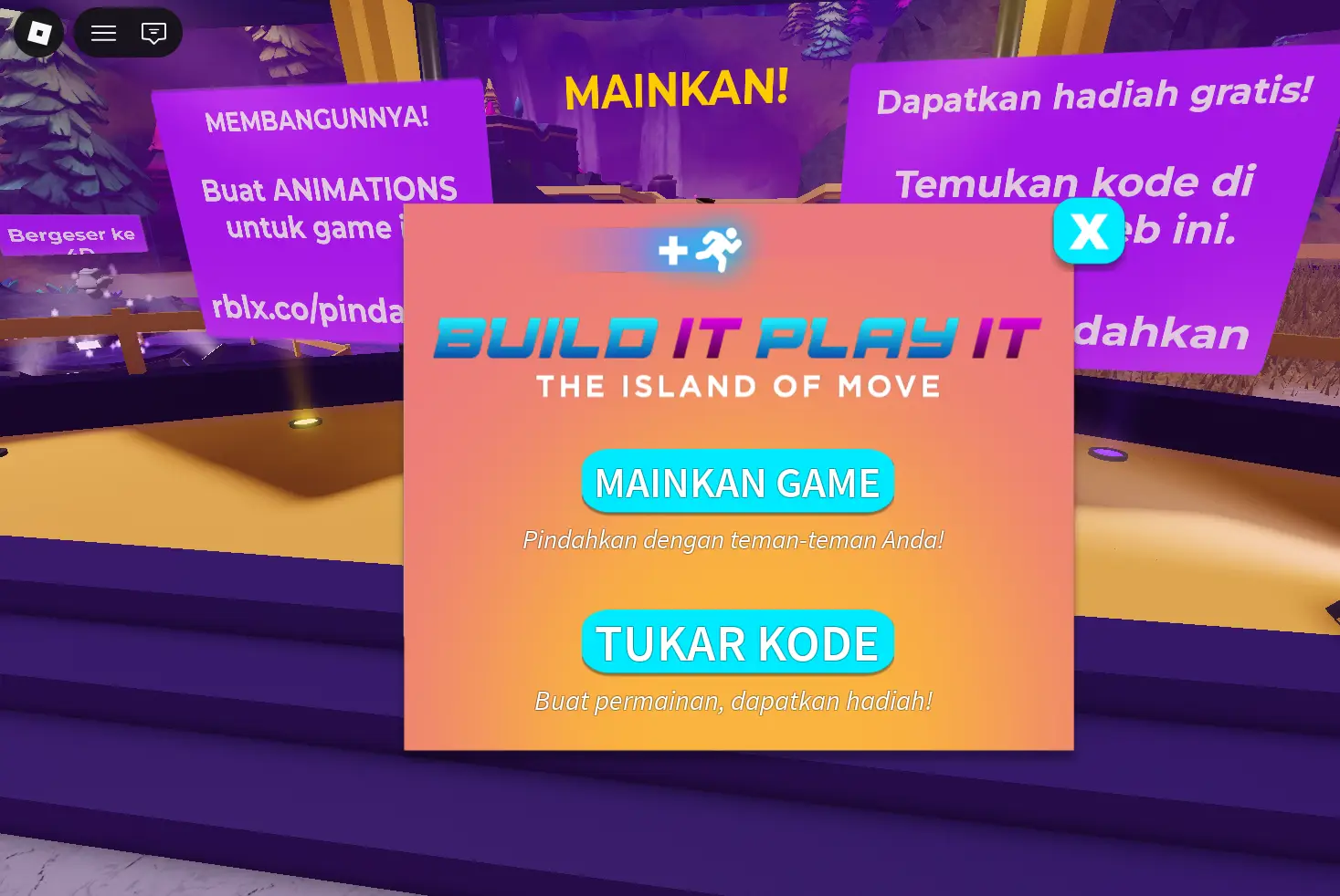 Menu Build It Play It dengan pilihan Mainkan Game dan Tukar Kode
