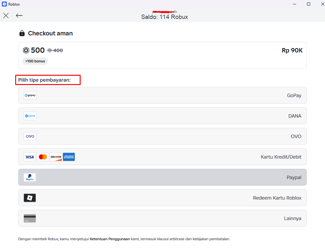 Halaman Checkout aman aplikasi Roblox dengan bagian Pilih tipe pembayaran untuk membeli 500 Robux