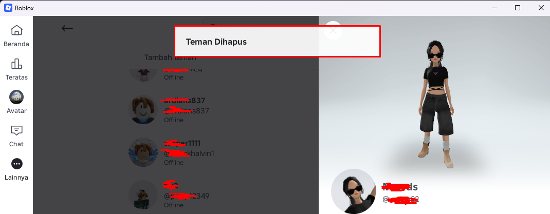Notifikasi Teman Dihapus setelah menghapus teman di Roblox