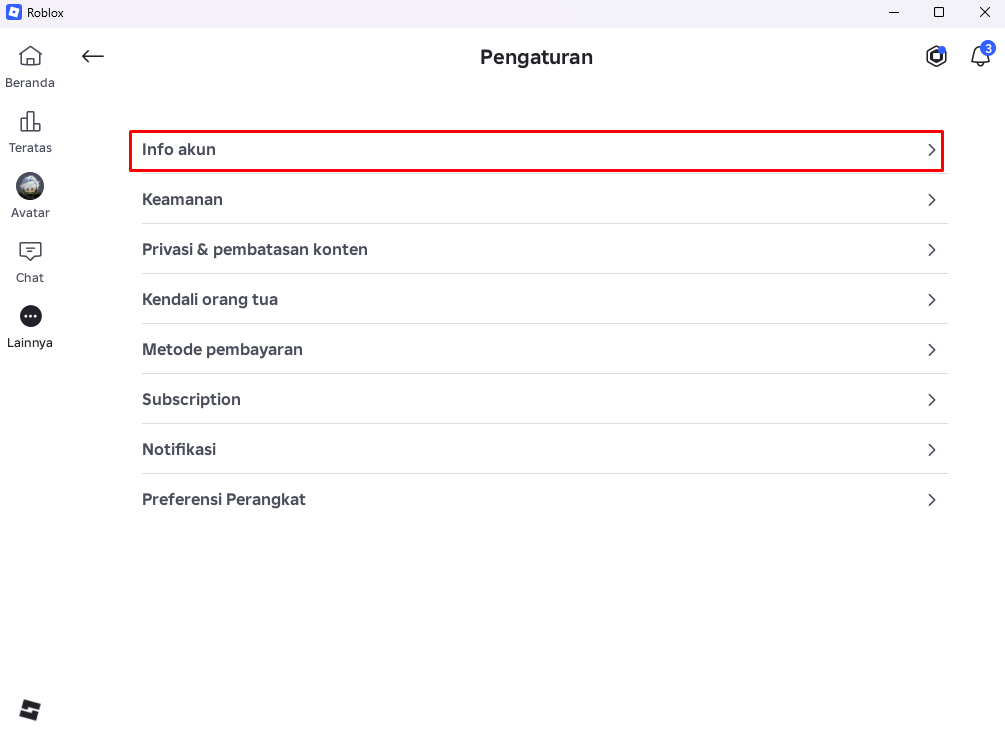 Halaman Pengaturan Roblox dengan menu Info akun ditandai