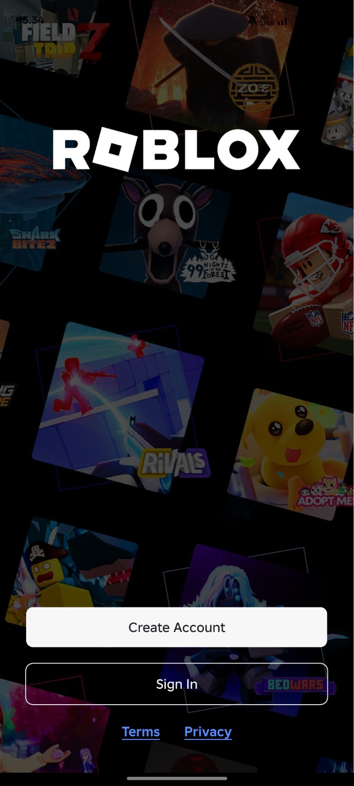 Halaman awal aplikasi Roblox dengan pilihan Create Account dan Sign In