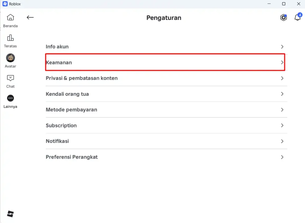Memilih menu Keamanan di Pengaturan akun Roblox