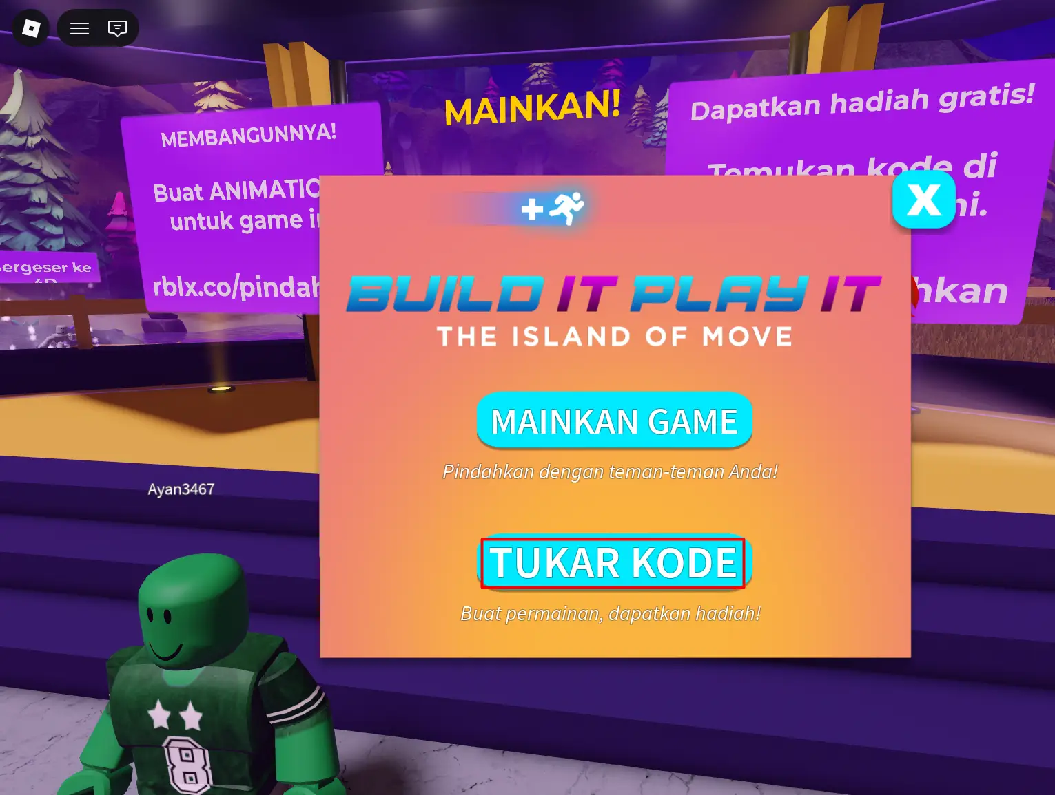 Menu Build It Play It dengan tombol Tukar Kode ditandai