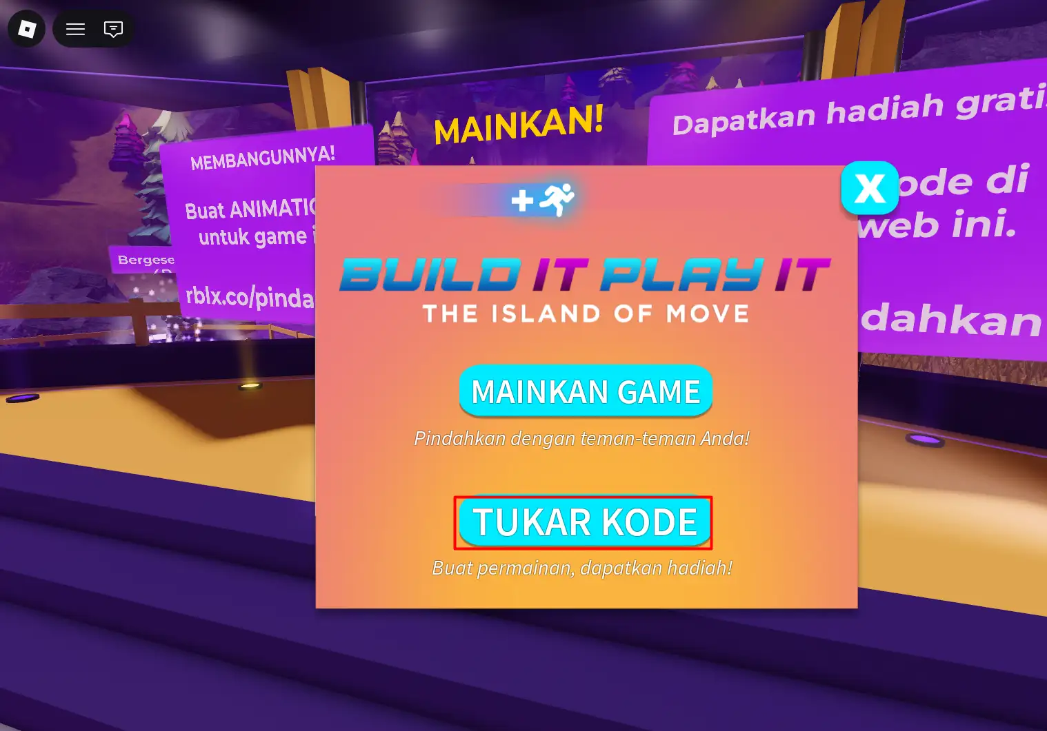 Menu Build It Play It dengan tombol Tukar Kode ditandai