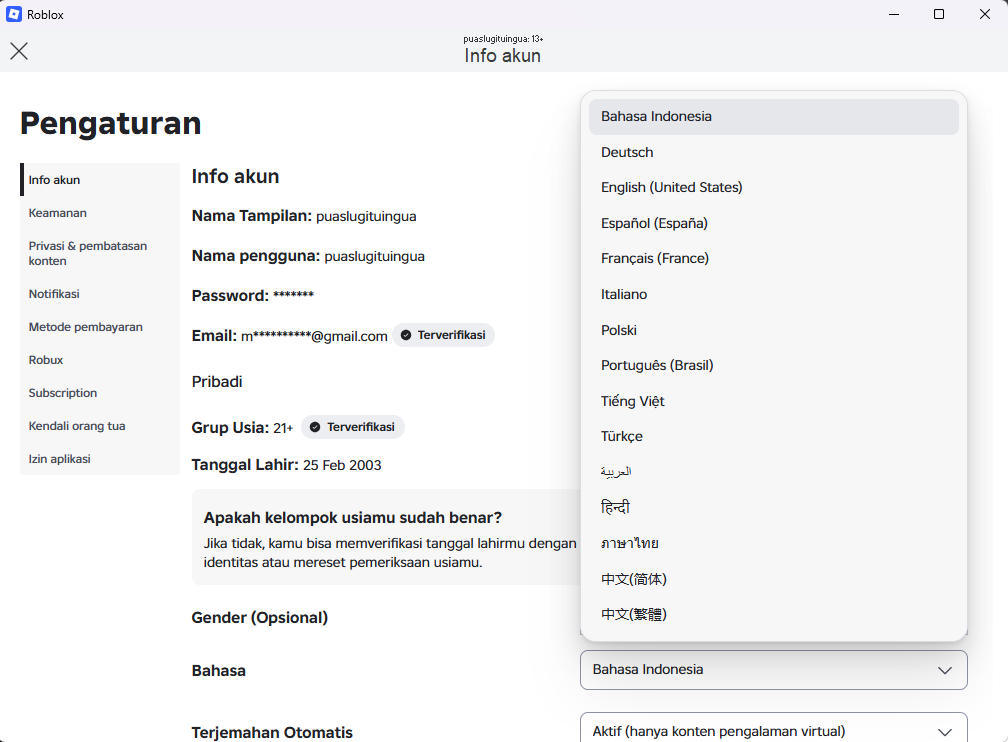 Daftar pilihan bahasa pada menu Bahasa di pengaturan Info akun Roblox