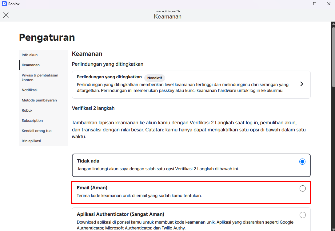 Pilihan Verifikasi 2 Langkah di Roblox dengan opsi Email ditandai