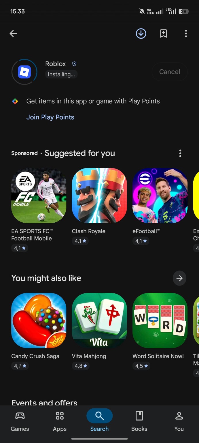 Proses instalasi aplikasi Roblox melalui Google Play di HP Android
