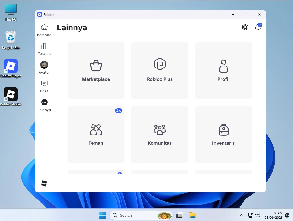 Proses instalasi Roblox di laptop Windows telah selesai