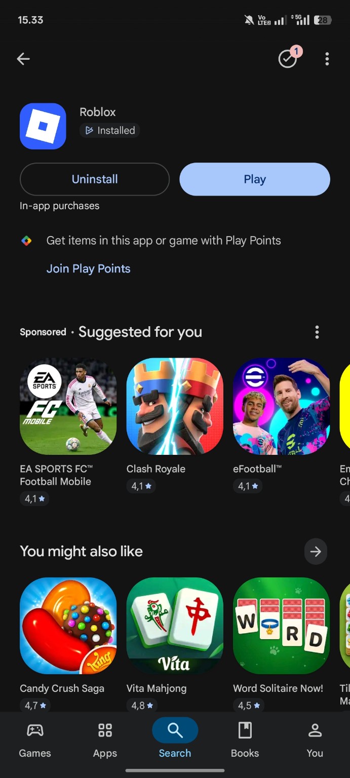 Aplikasi Roblox berhasil diinstal dengan tombol Play dan Uninstall di Google Play