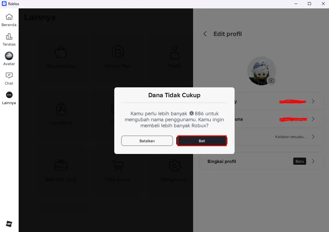 Pesan Dana Tidak Cukup saat mencoba mengganti nama pengguna Roblox