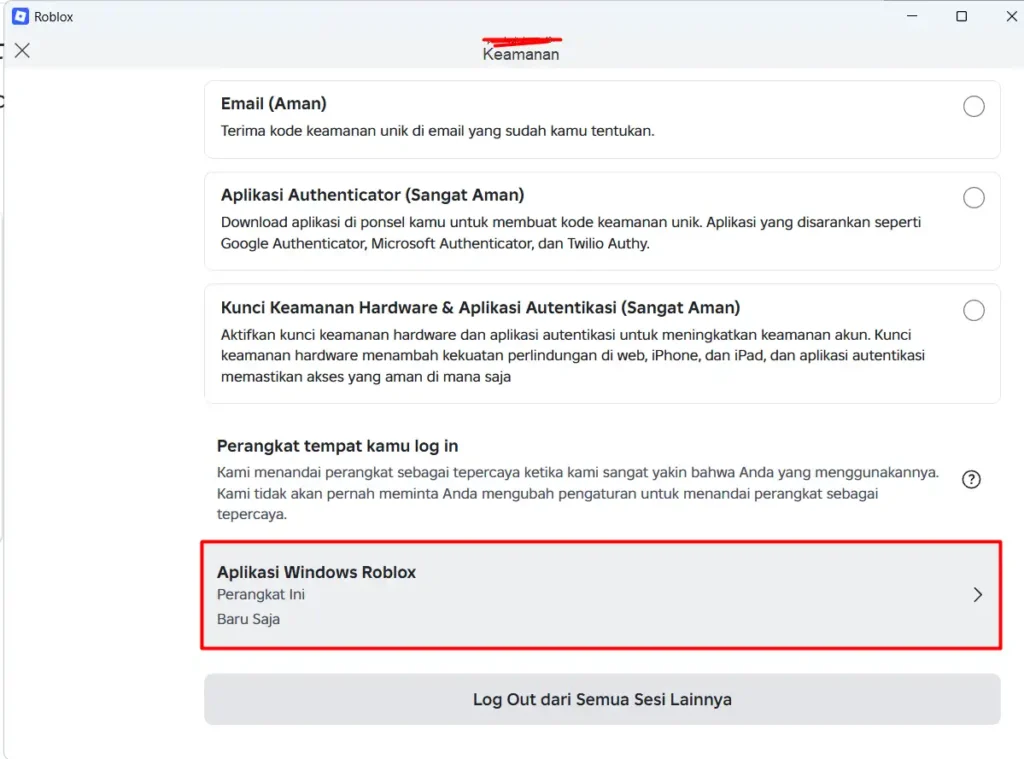 Perangkat saat ini yang tetap tercantum setelah logout sesi lain di Roblox