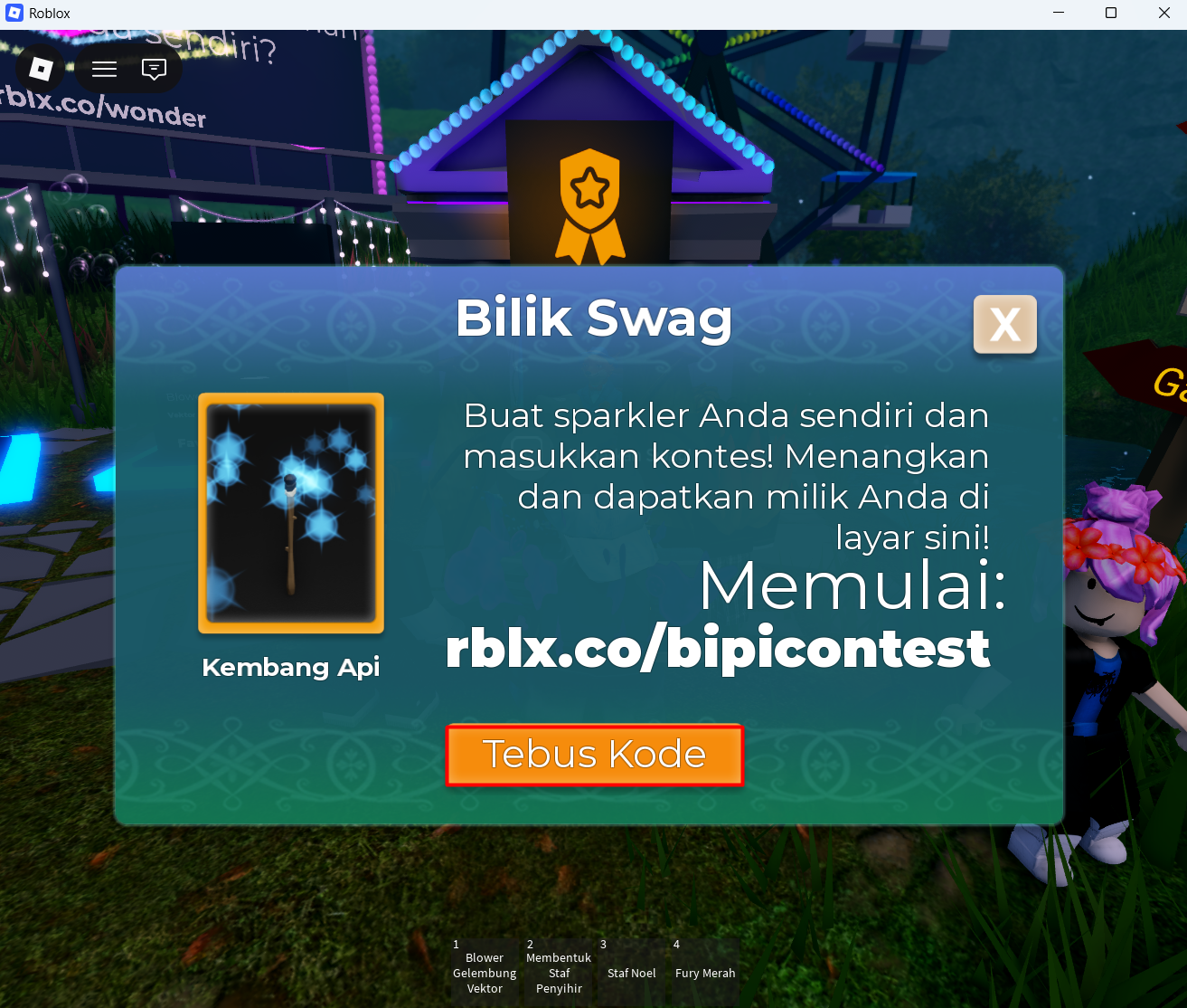 Tombol Tebus Kode ditandai pada jendela Bilik Swag di Mansion of Wonder