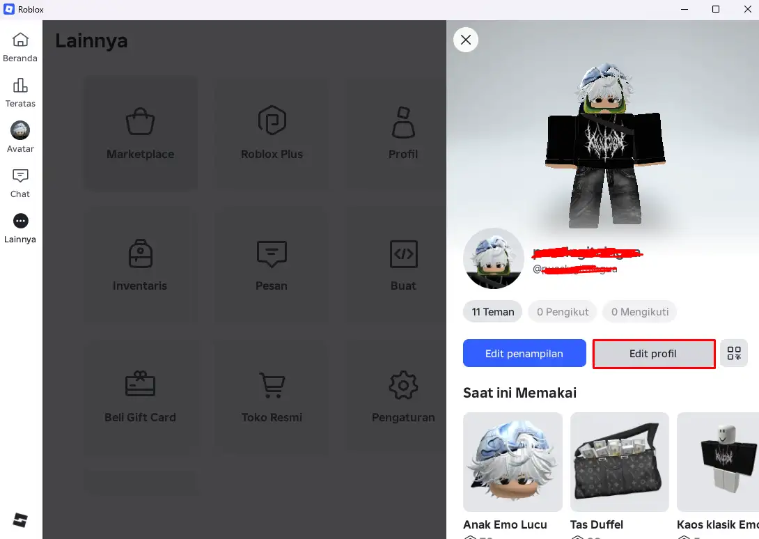 Halaman profil Roblox dengan tombol Edit profil ditandai