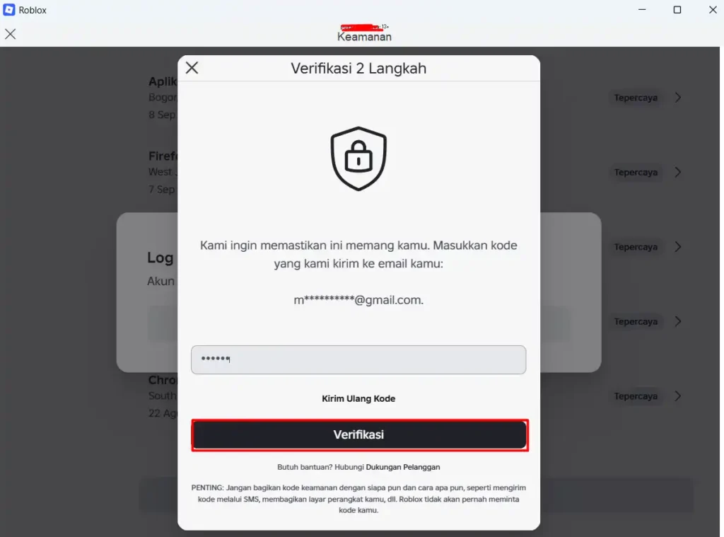 Verifikasi 2 Langkah sebelum logout sesi lain di Roblox